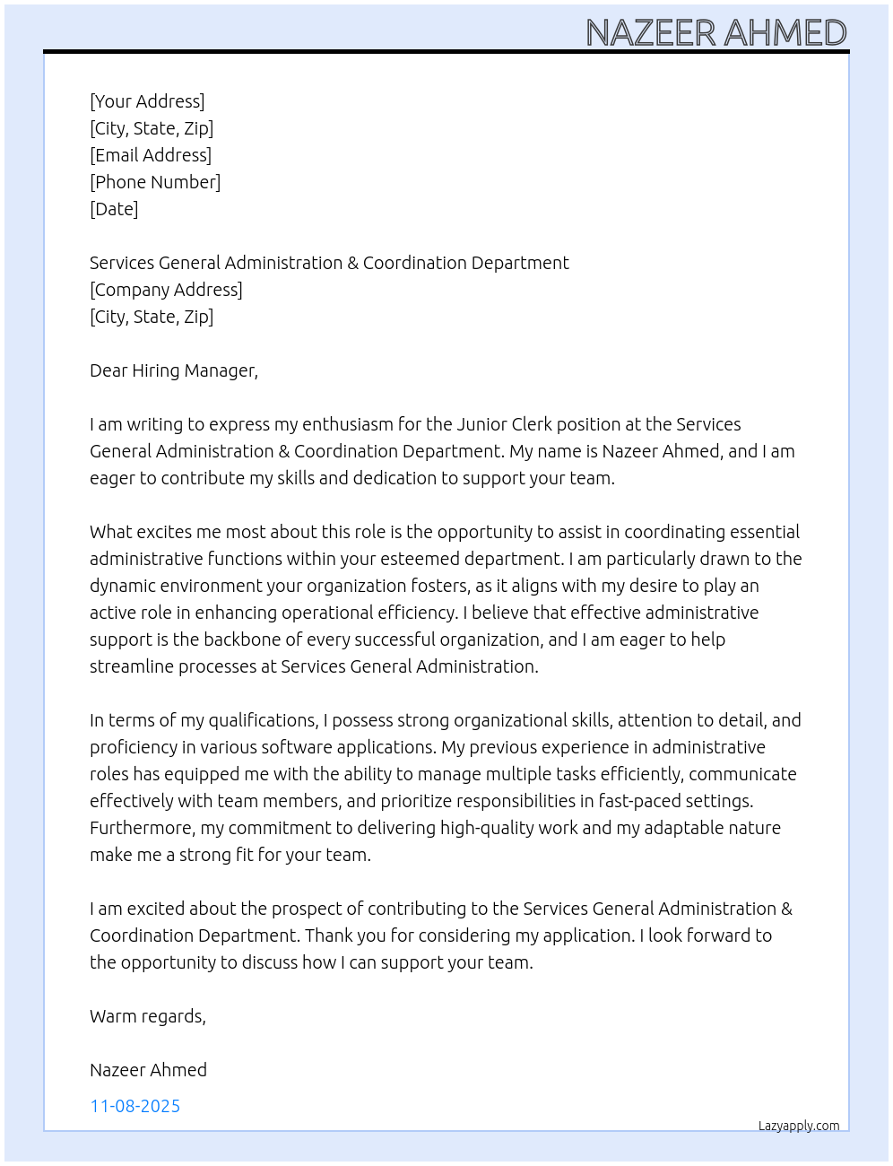 Junior Clerk At Services General Administration & Coordination Department Cover Letter