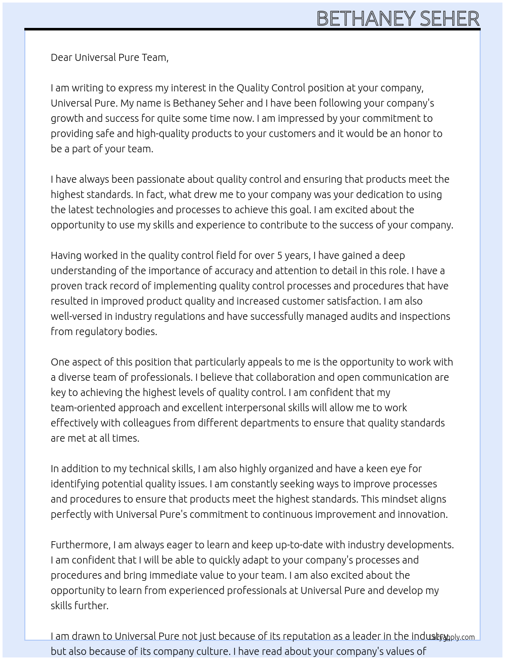Quality Control At Universal Pure Cover Letter