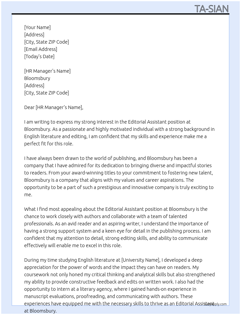 Editorial Assistant At Bloomsbury Cover Letter