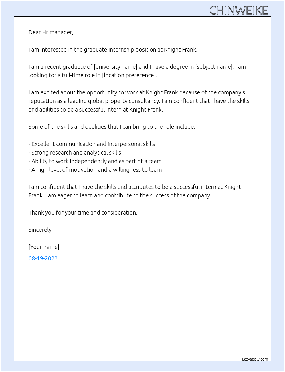 Graduate internship  At Knight Frank  Cover Letter