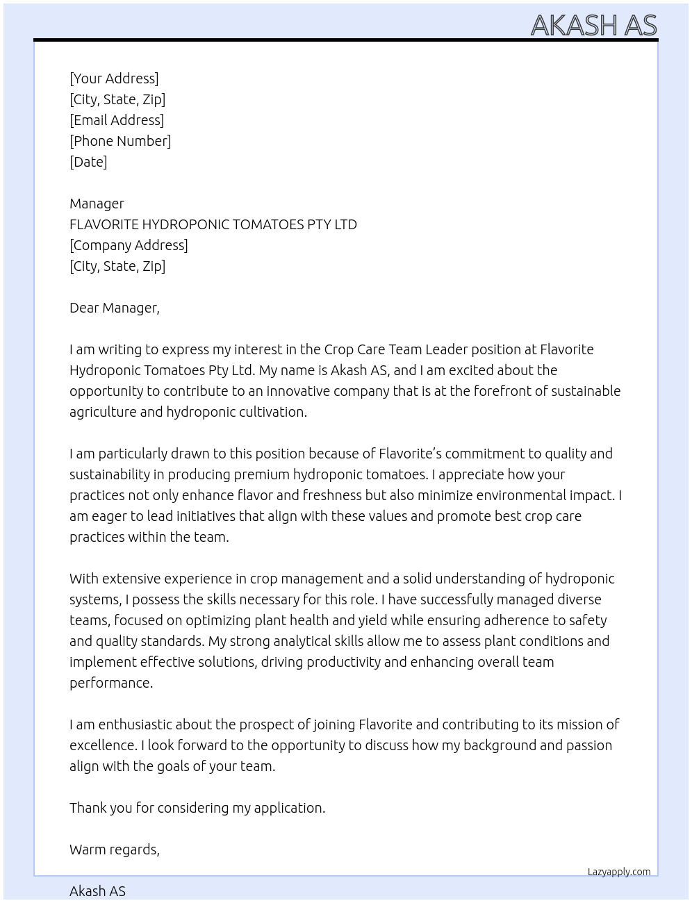 Crop care Team Leader  At FLAVORITE HYDROPONIC TOMATOES PTY LTD Cover Letter