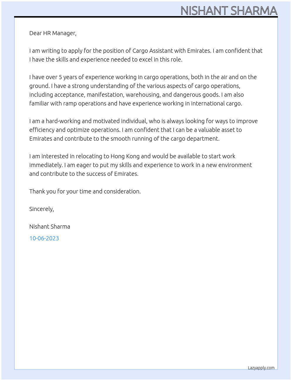 Cargo Assistant  At Emirates  Cover Letter