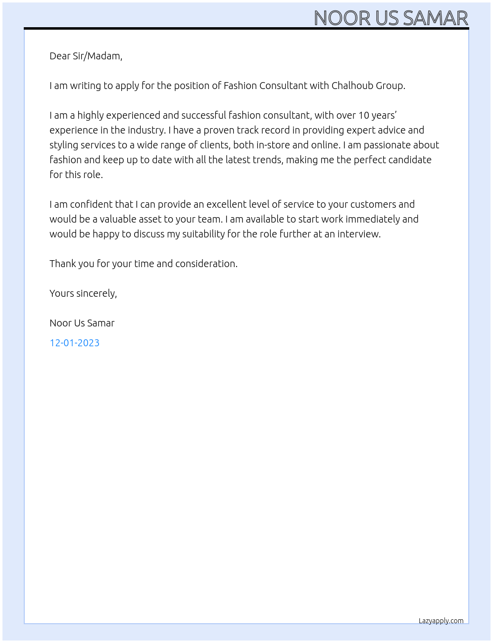 FASHION CONSULTANT At LACOSTE Cover Letter