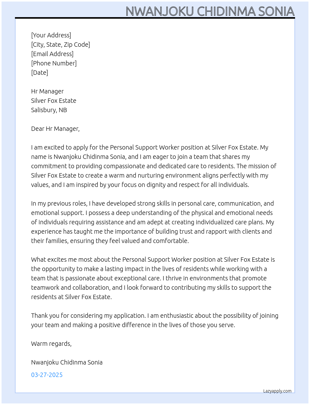 Personal support worker  At Silver Fox Estate, Salisbury (NB) Cover Letter