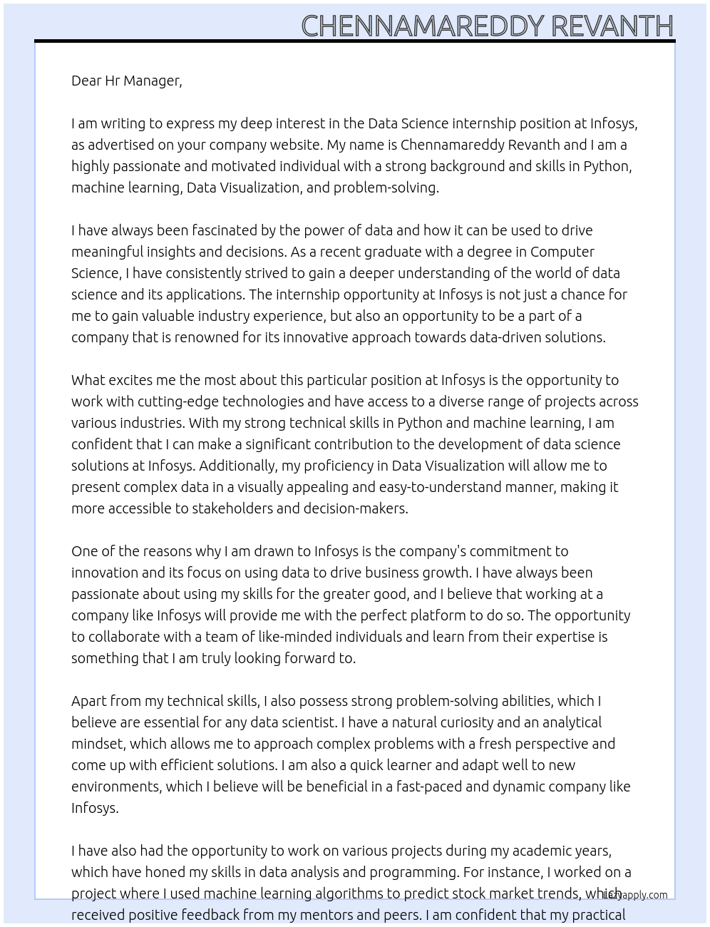 Data Science At Infosys Cover Letter