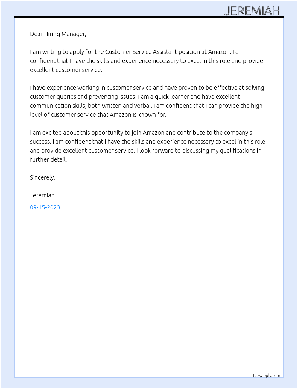 Customer Service Assistant At Amazon Cover Letter