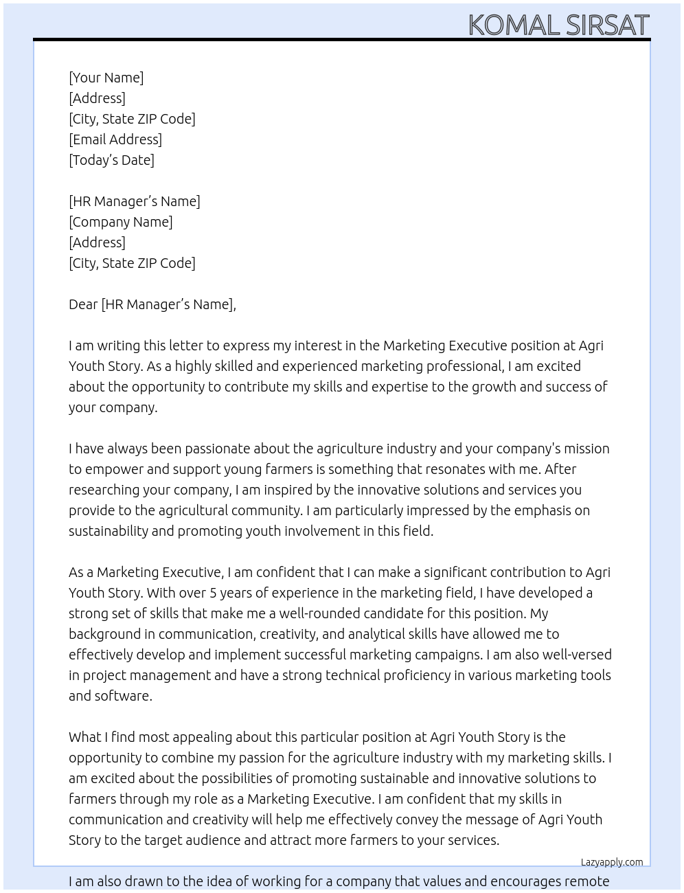 Marketing executive  At Agri Youth story Cover Letter