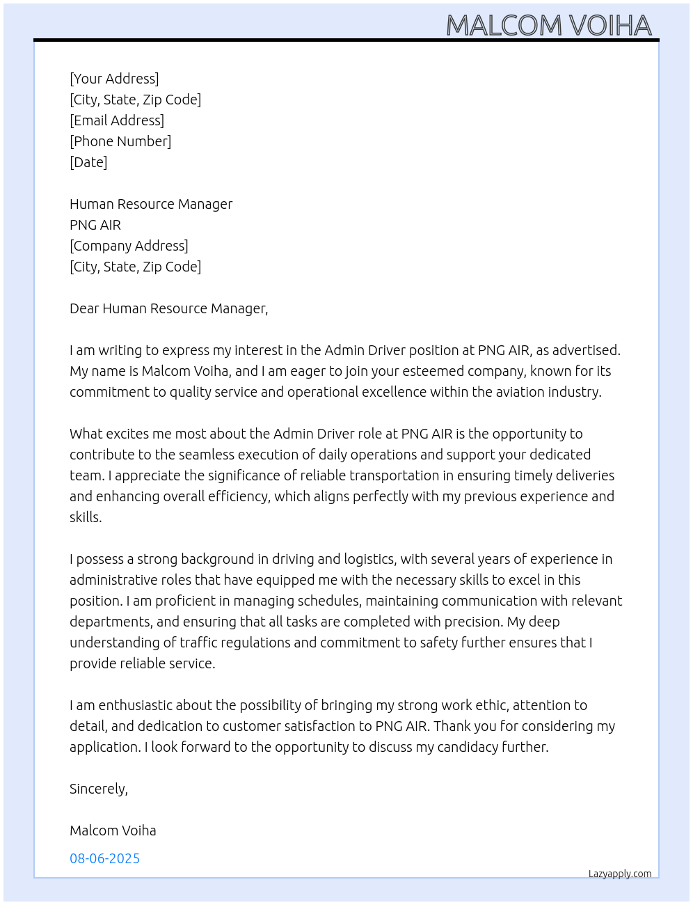 Admin Driver  At PNG AIR Cover Letter