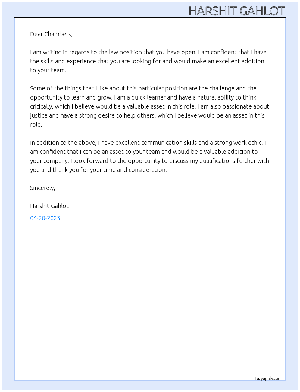 law At chambers Cover Letter