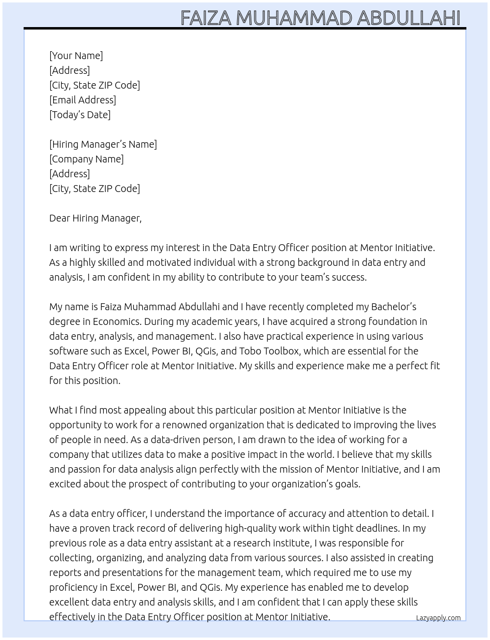 Data Entry officer  At Mentor initiative  Cover Letter