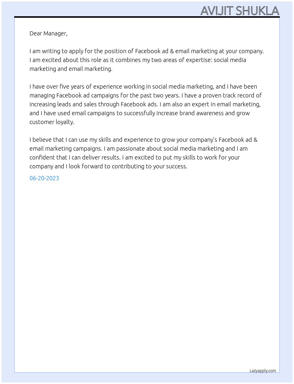 Facebook ad & email marketing At Manager Cover Letter