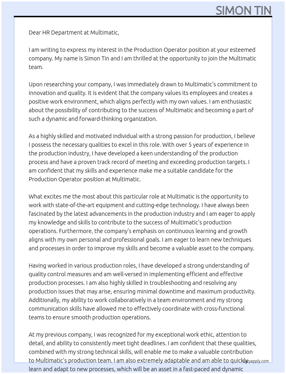 Production Operator At Multimatic Cover Letter