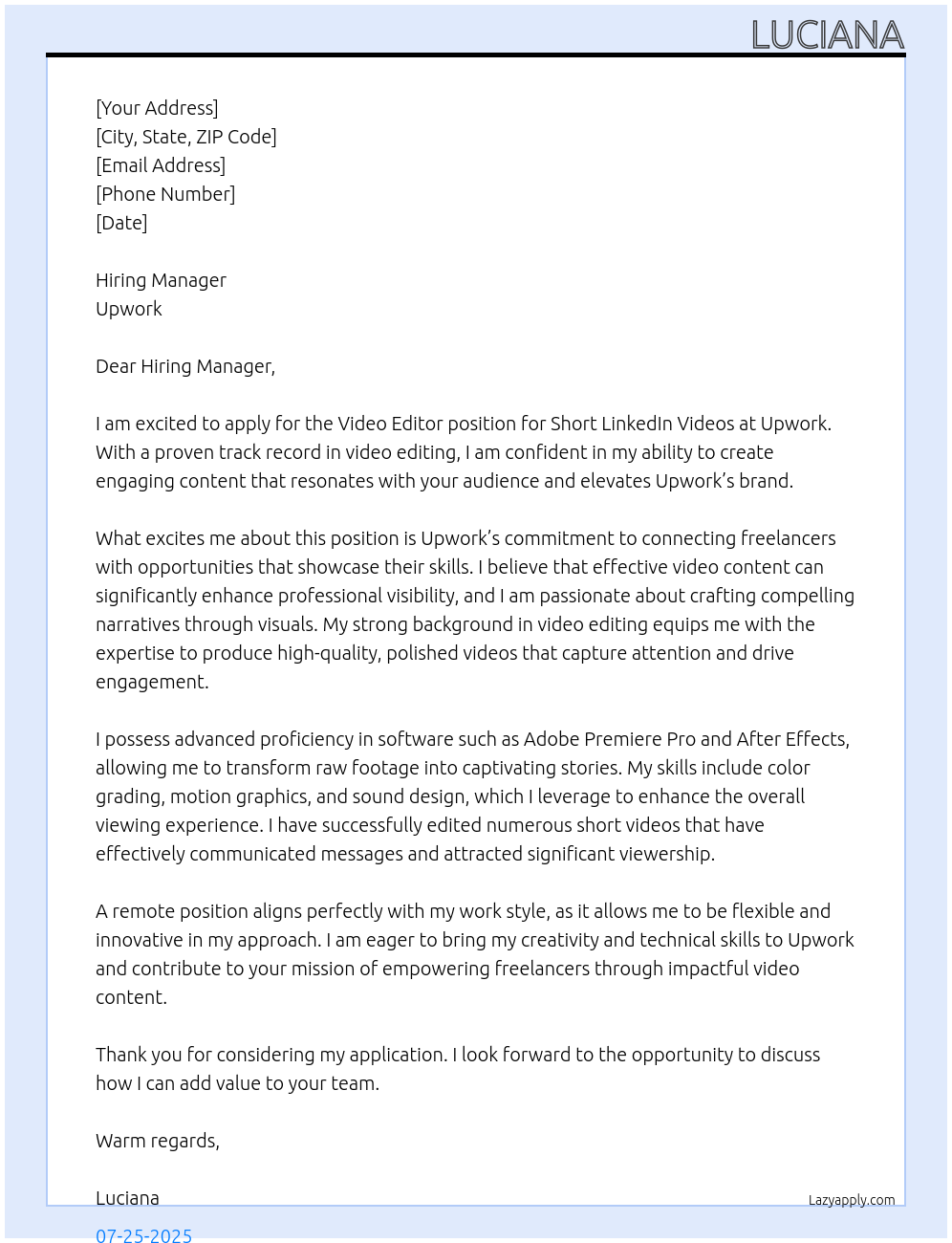 Video Editor for Short LinkedIn Videos At upwork Cover Letter