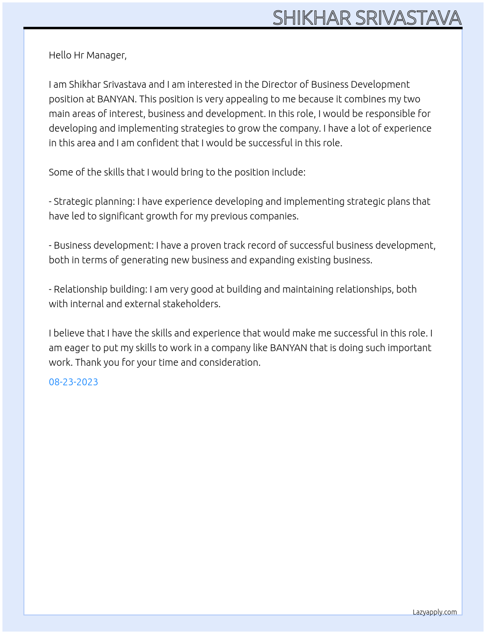 Director of business development At BANYAN Cover Letter