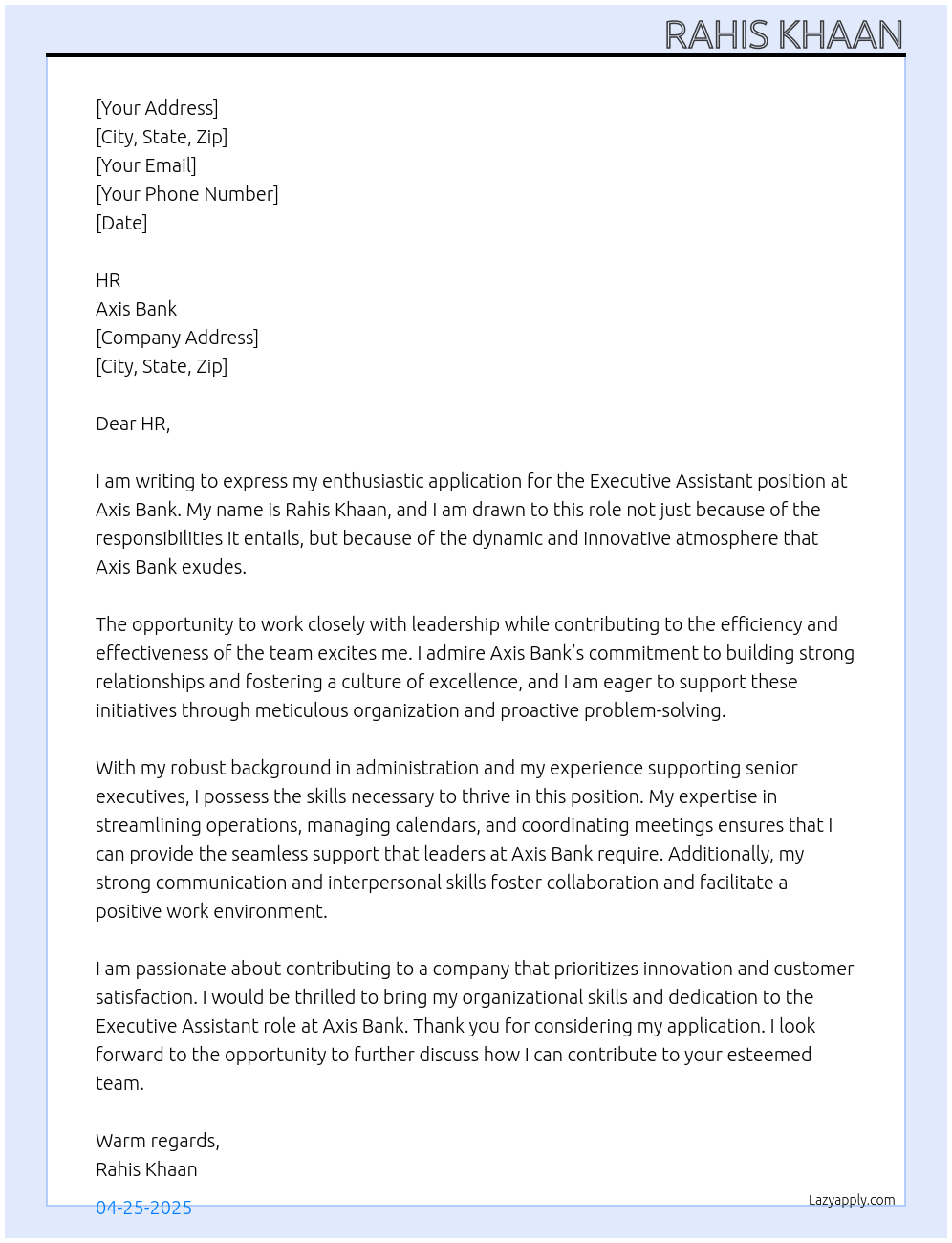 Executive Assistant At Axis Bank Cover Letter