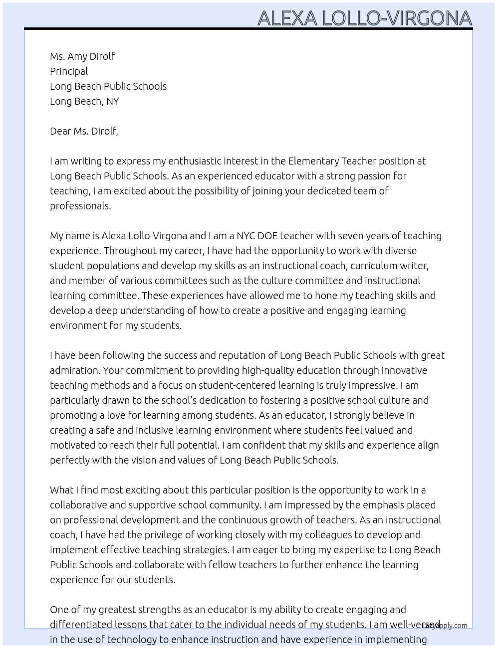 Elementary Teacher At Long Beach Public Schools Cover Letter