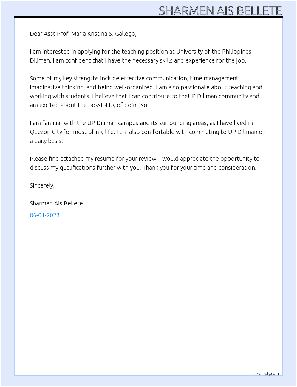 Teaching Position  At University of the Philippines Diliman Cover Letter