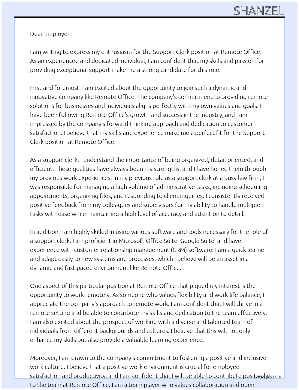 Cover letter for support clerk - LazyApply