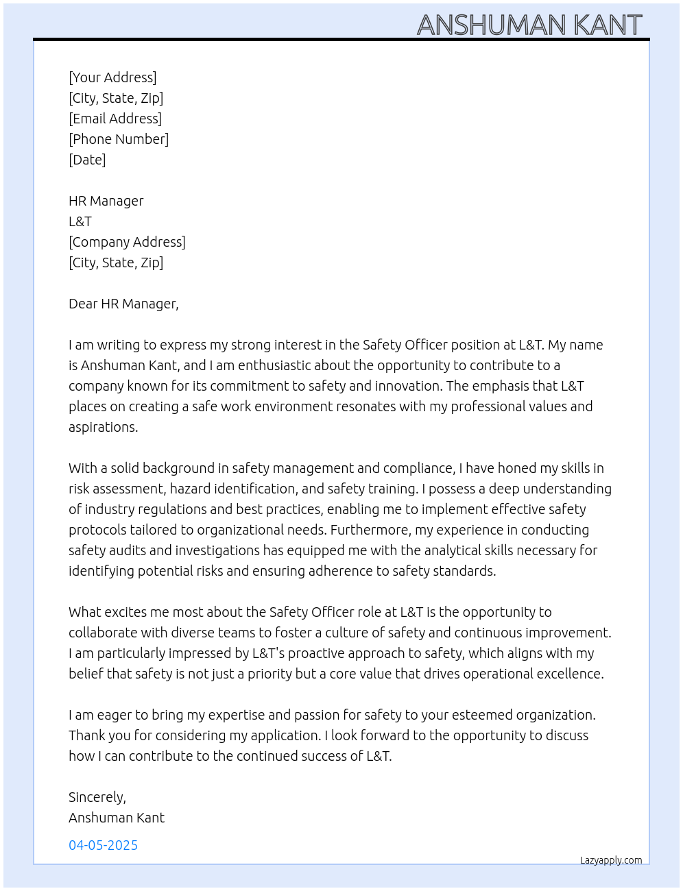 Sefty officer At L&t Cover Letter