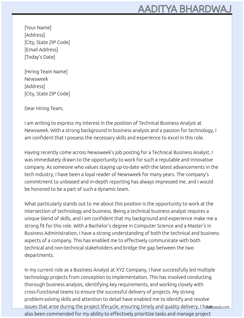 Technical Business Analyst At Newsweek Cover Letter