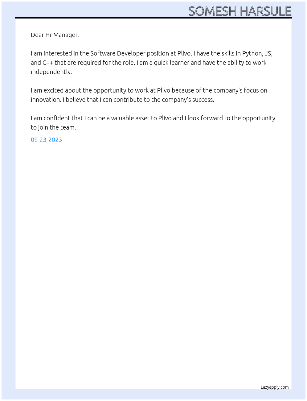 Software Devloper At Plivo Cover Letter