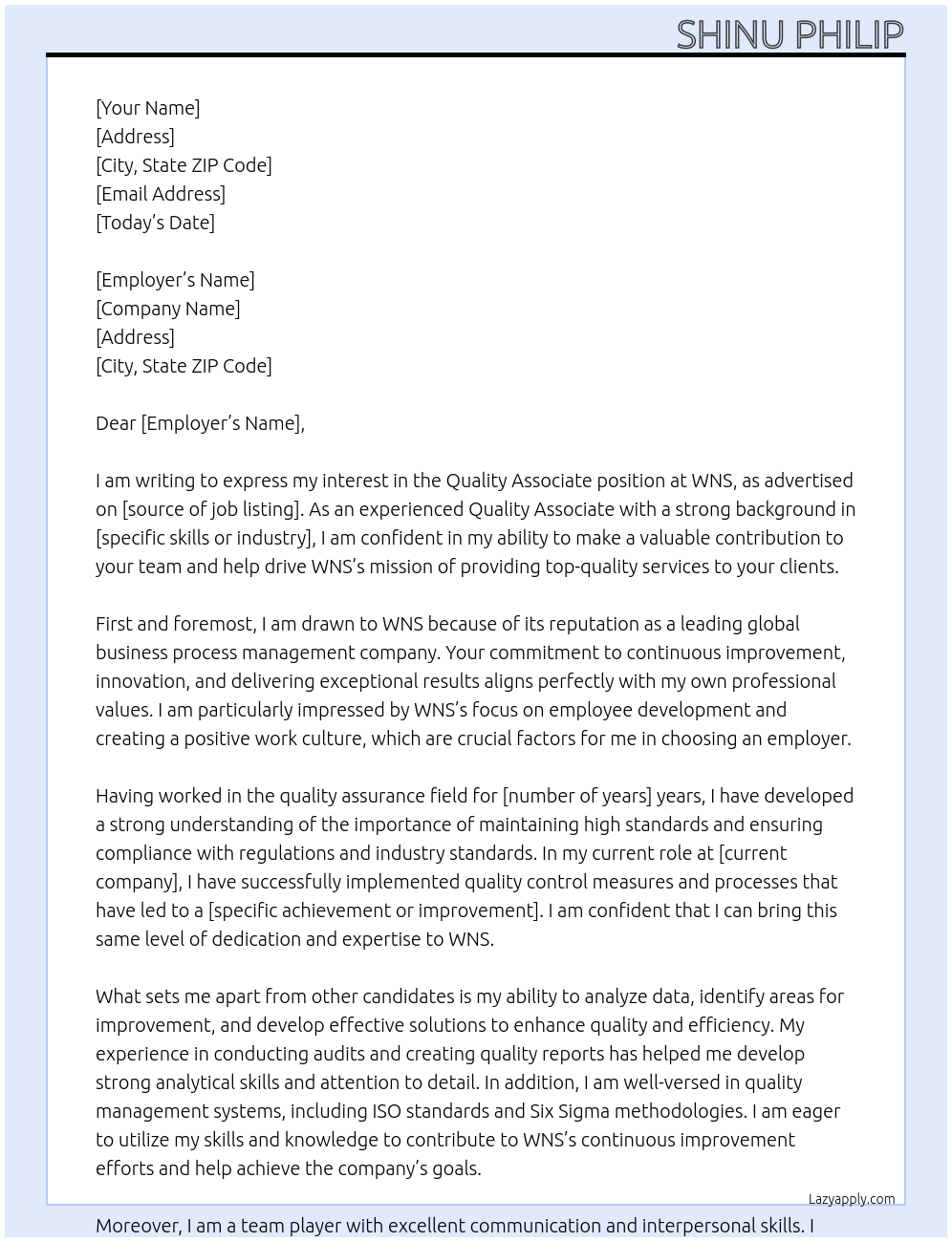 Quality Associate At WNS Cover Letter