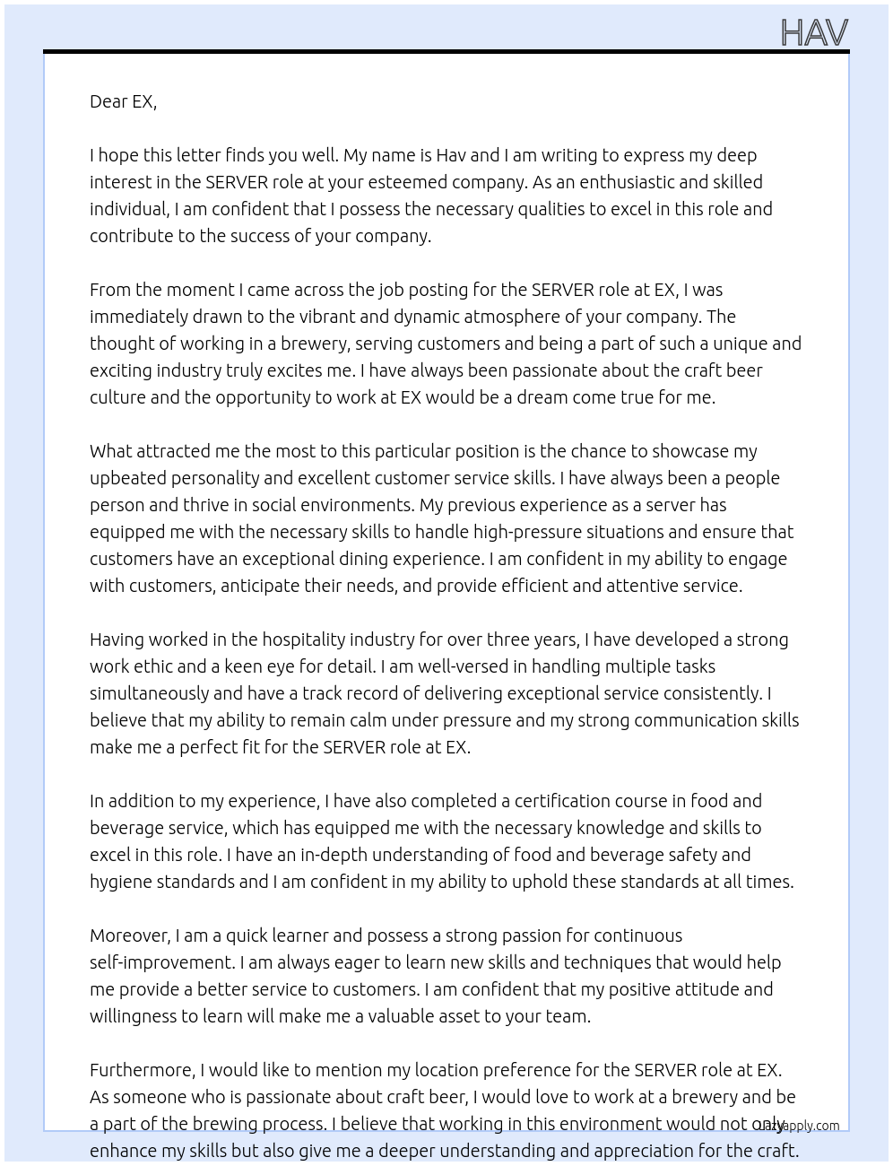 server At EX Cover Letter