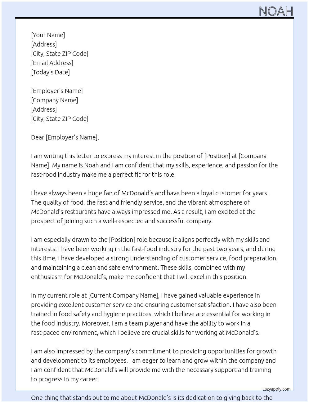 Mc donalds At Noah Cover Letter