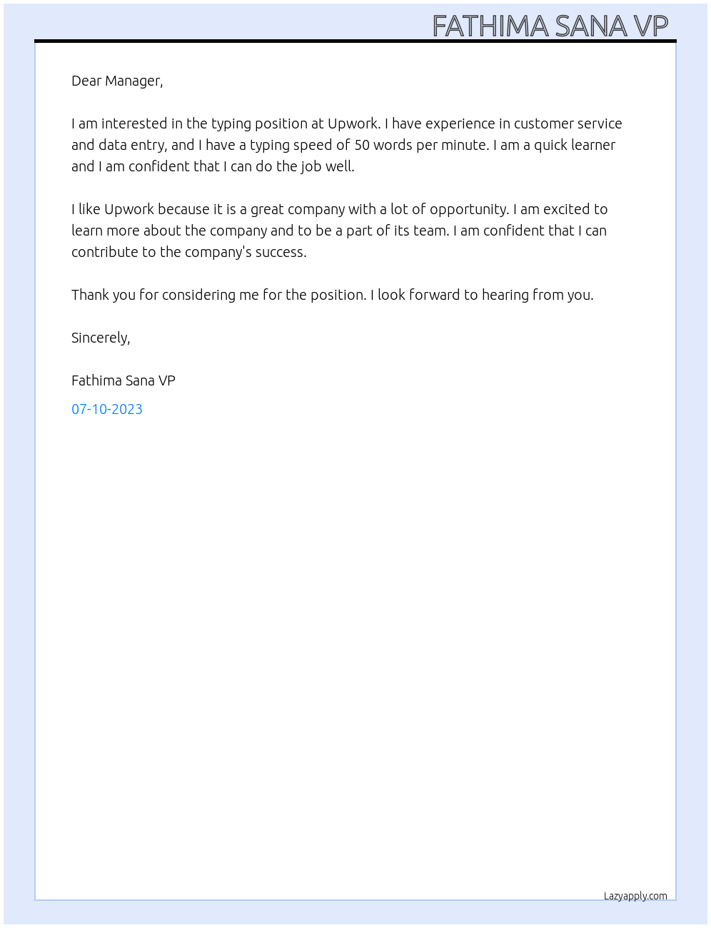 Typing At Upwork Cover Letter
