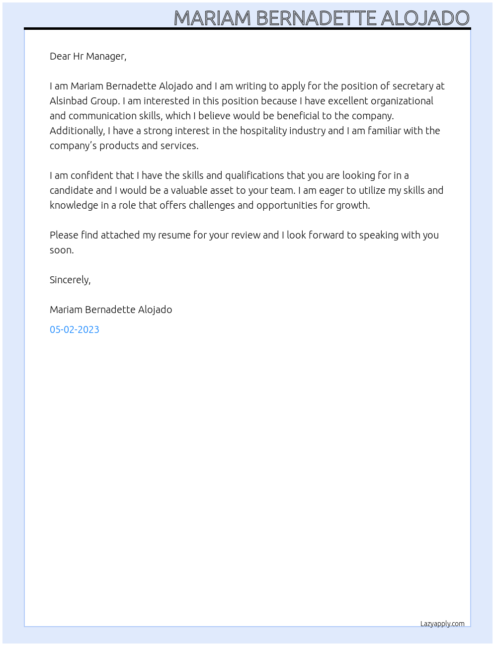 secretary At alsinbad group Cover Letter