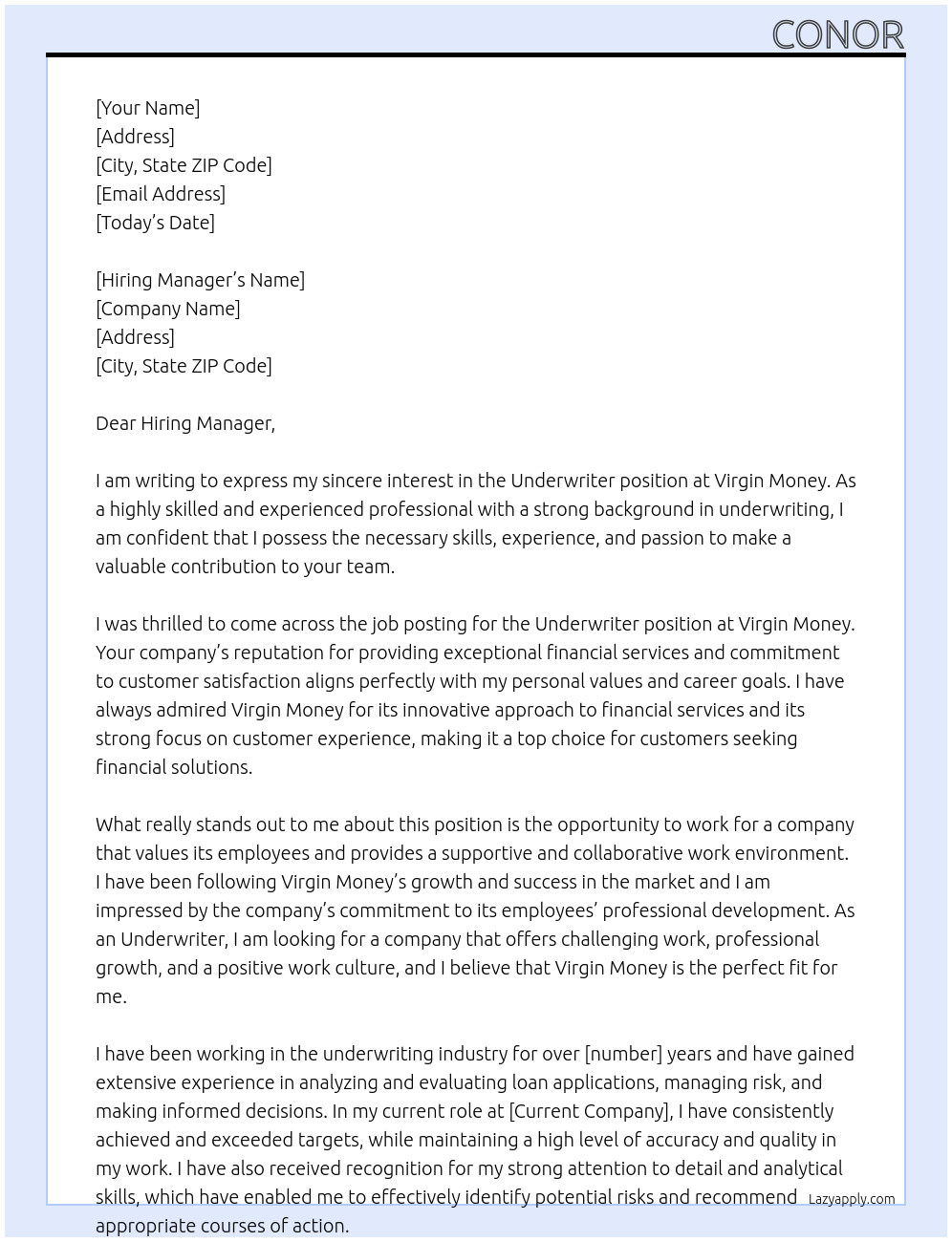 Underwriter At Virgin Money Cover Letter