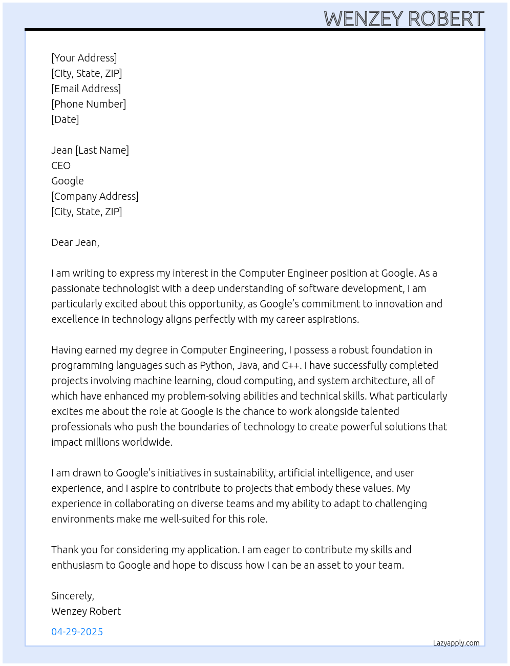 computer engineer At google Cover Letter