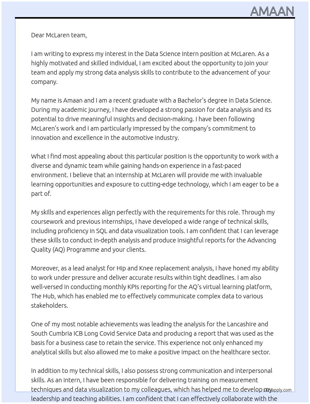 Data science intern At McLaren Cover Letter
