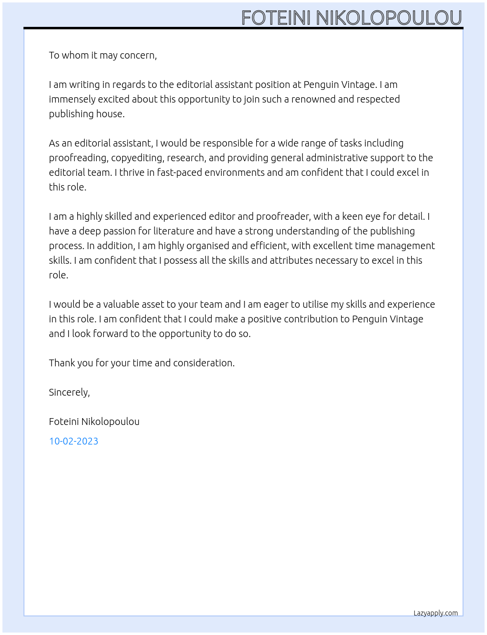 editorial assistant At penguin vintage Cover Letter