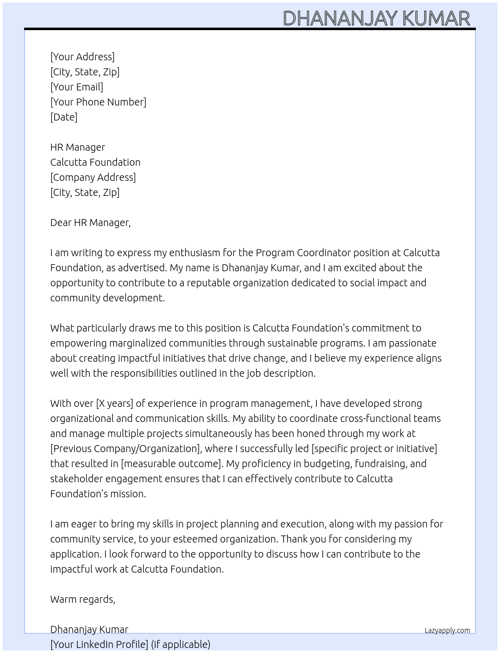 Program coordinator At Calcutta foundation Cover Letter