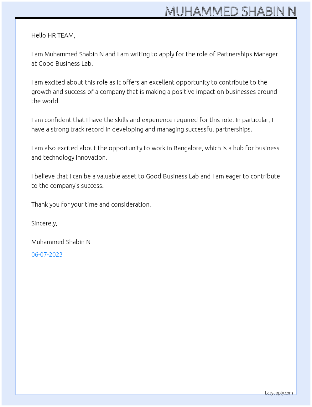 Partnerships Manager At Good Business Lab Cover Letter