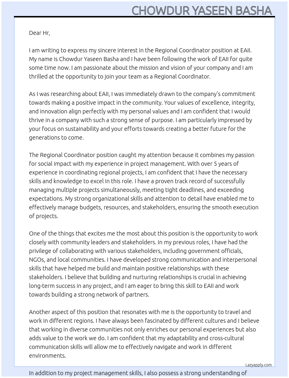 Regional Coordinator At EAII Cover Letter