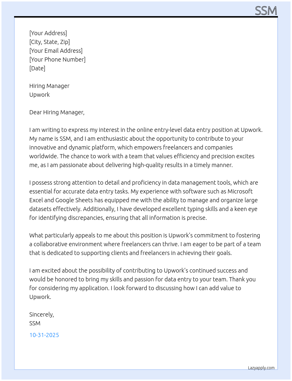 online entry level data entry At upwork Cover Letter