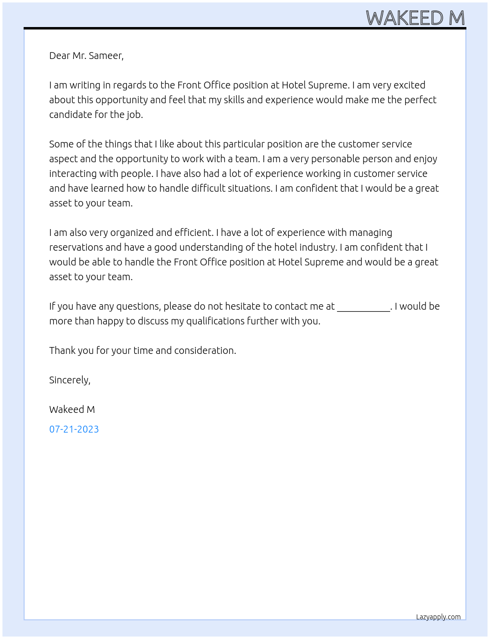 front office  At hotel supreme  Cover Letter