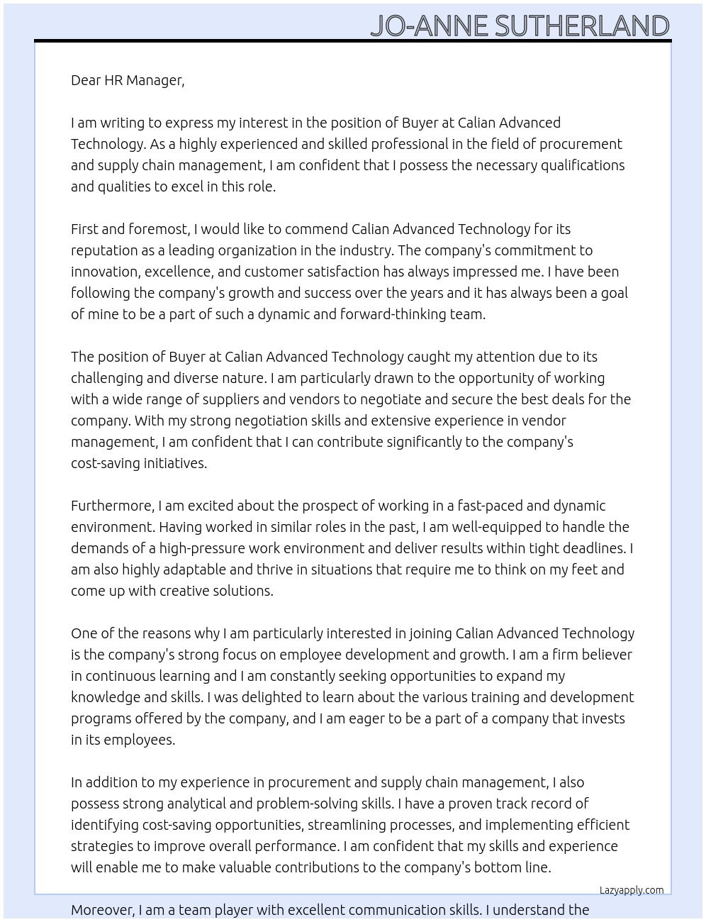 Buyer At Calian Advanced Technoloy Cover Letter
