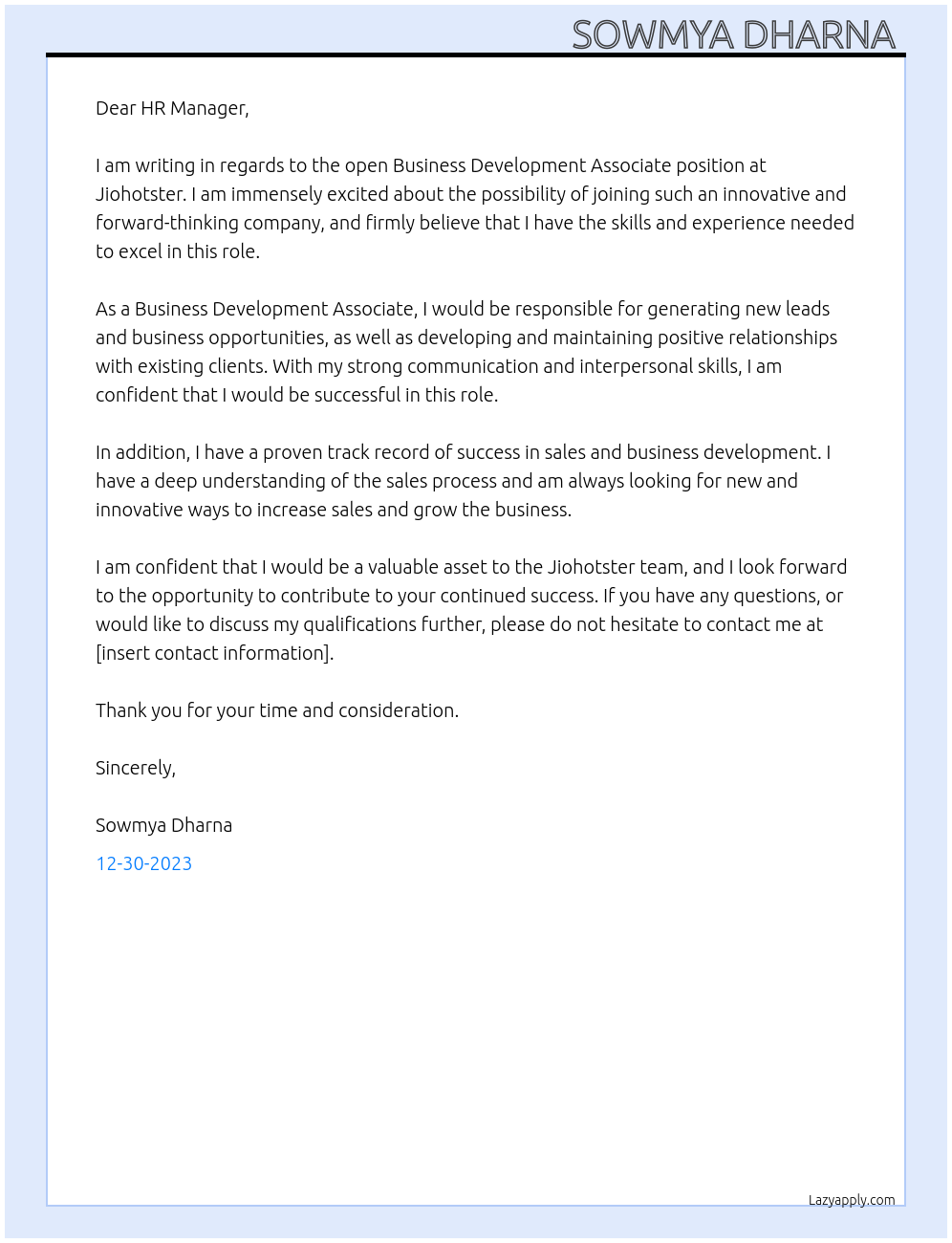 Business development associate At Jiohotster Cover Letter