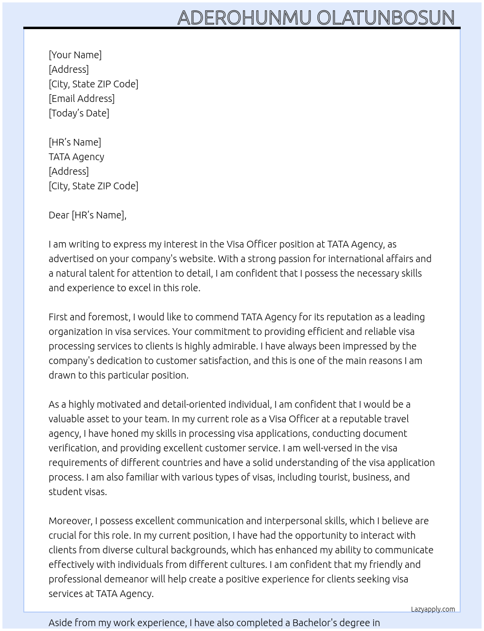 Visa officer At TATA Agency Cover Letter