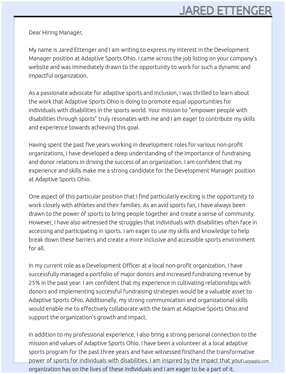 Development Manager At Adaptive Sports Ohio Cover Letter
