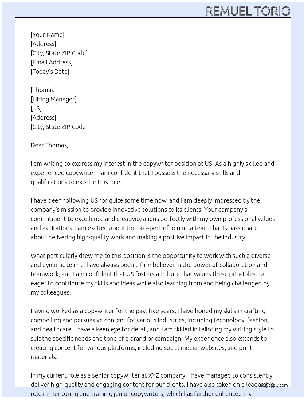 copywriter At US Cover Letter