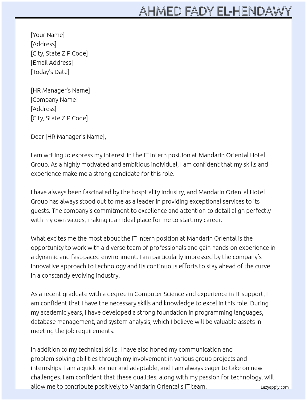 IT Intern At Mandarin Oriental Hotel Group Cover Letter