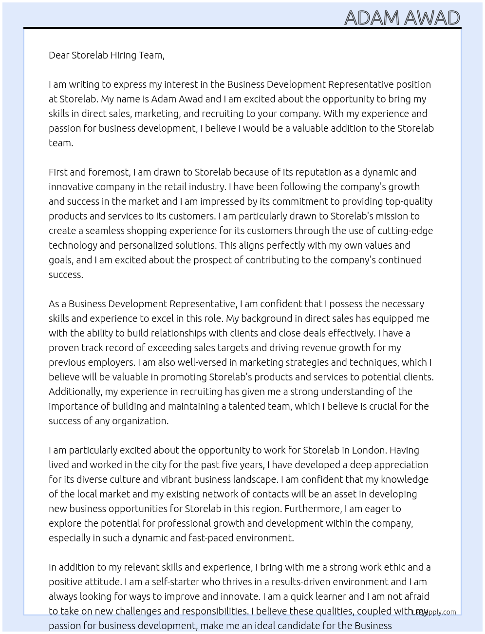 Business development representative At Storelab Cover Letter