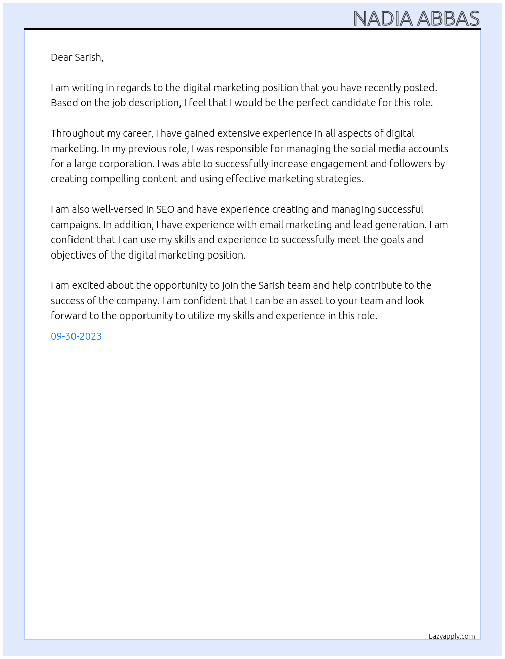 digital marketing At Sarish Cover Letter