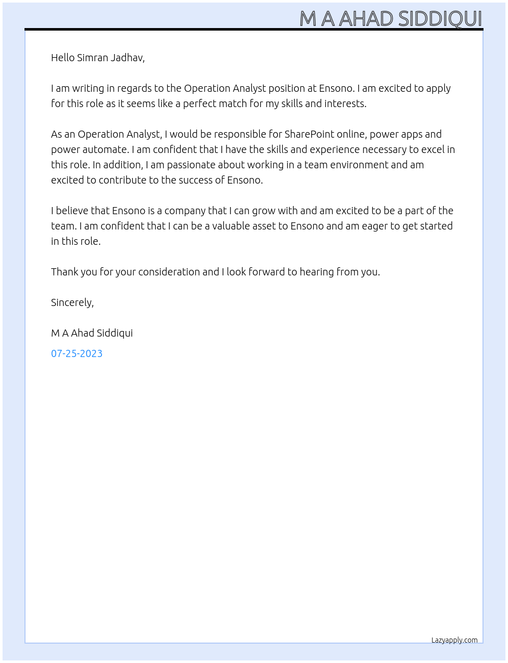 Application Developer At Ensono Cover Letter
