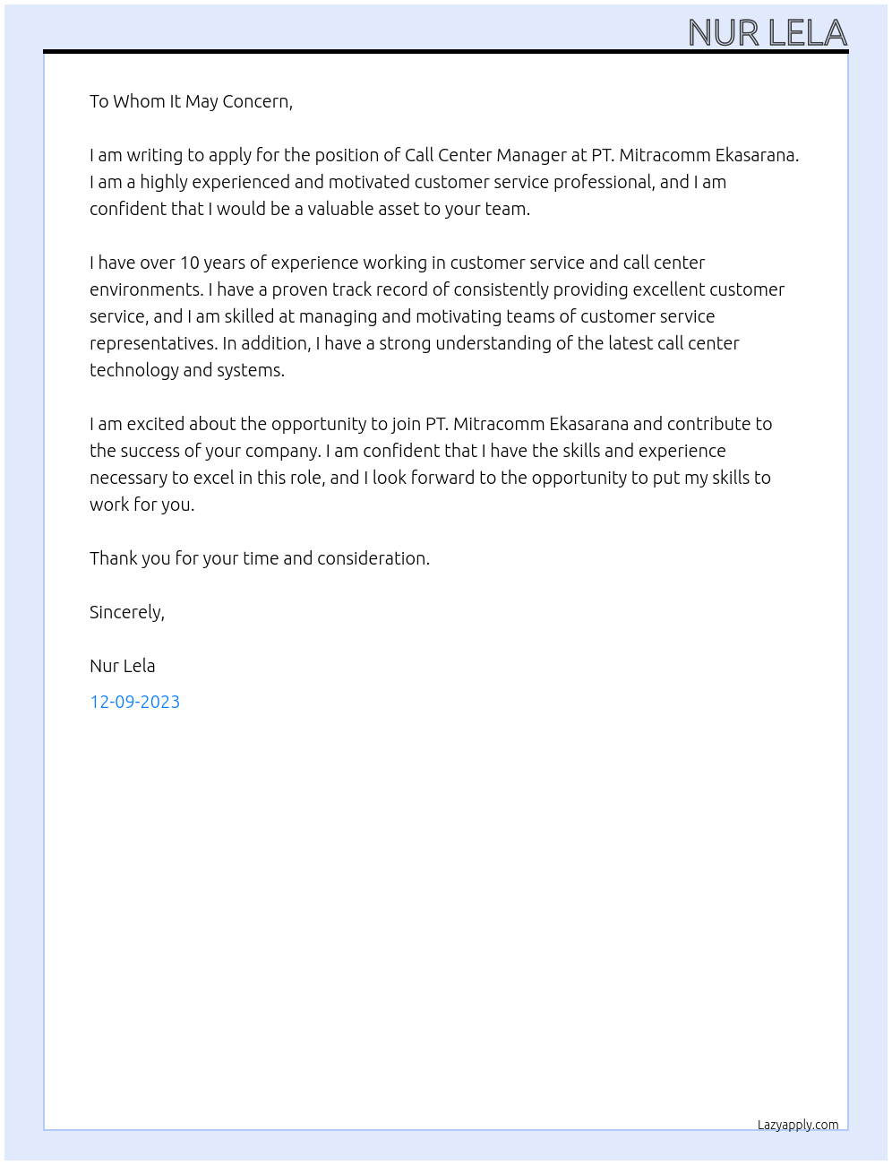 Call Center Manager  At PT. Mitracomm Ekasarana Cover Letter