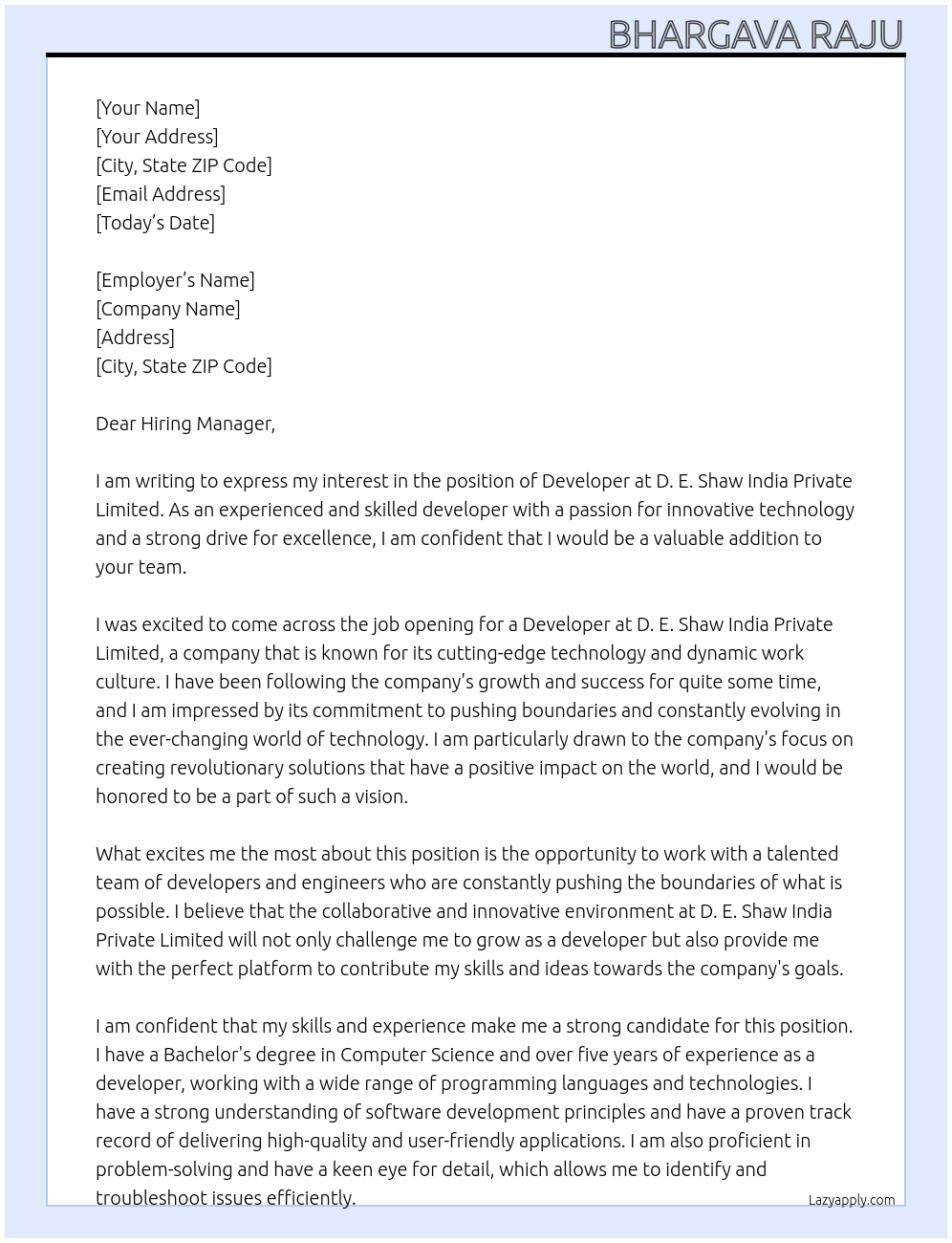 developer At D. E. Shaw India Private Limited Cover Letter